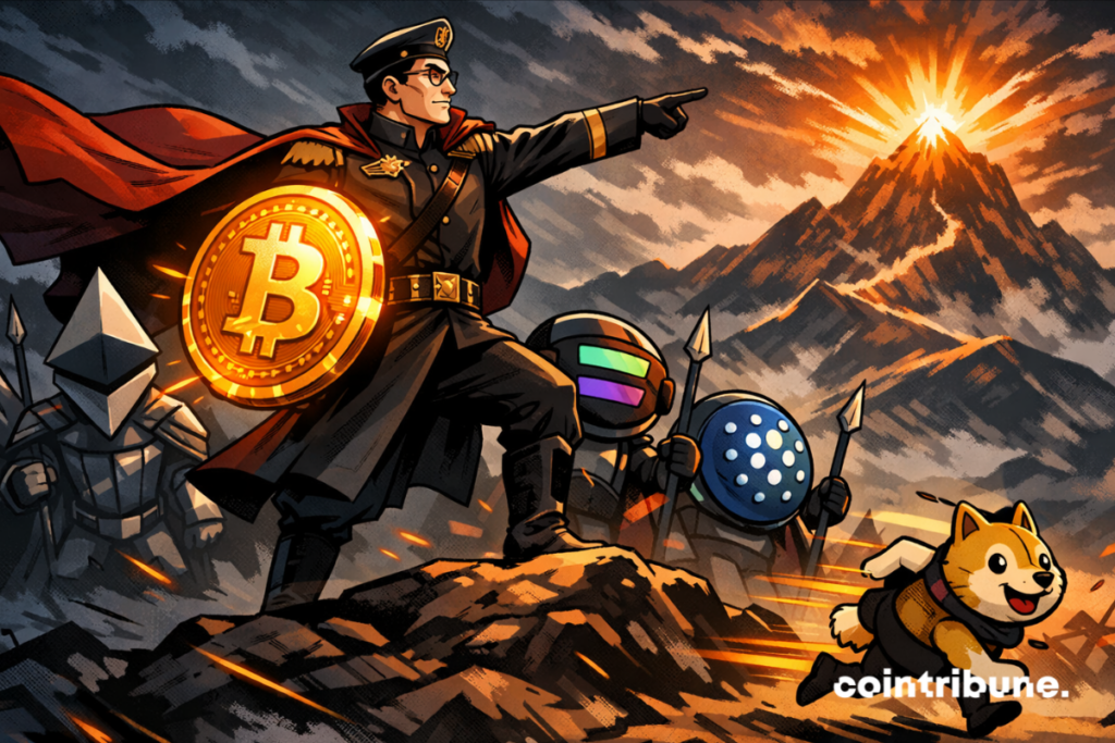 CZ, general on the crypto battlefield, brandishing a glowing Bitcoin shield, leading altcoins.
