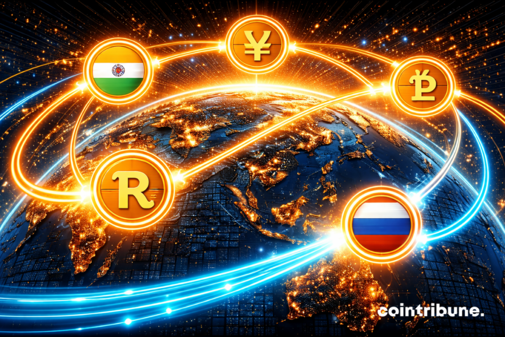 On a BRICS geopolitical map, glowing lines extend from member countries and connect via CBDC symbols.