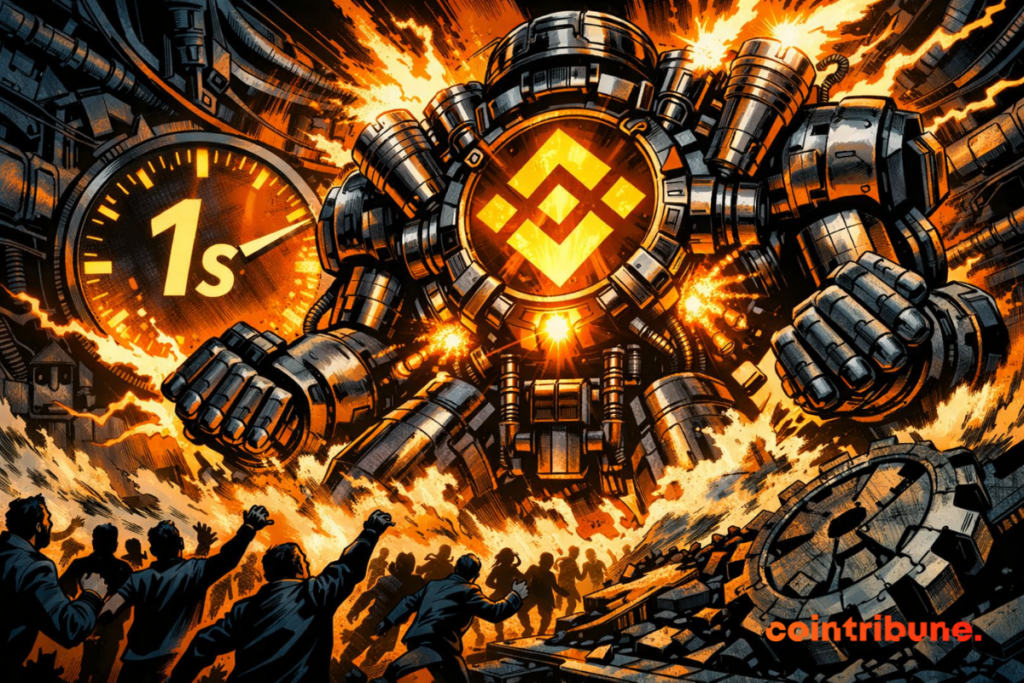 A mechanical giant embodies BNB Chain, radiating power, while a crowd rushes in, symbolizing speed, pressure and total technological domination.