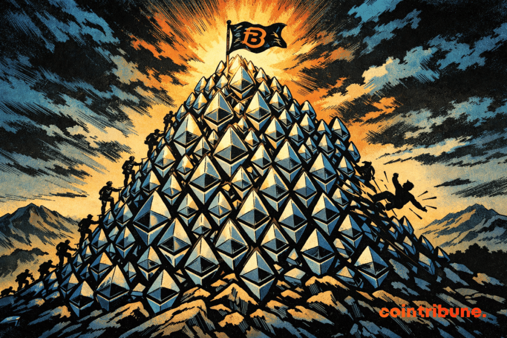 Giant Ethereum mountain, human silhouettes climbing, some falling, victorious flag on top, symbolizing massive accumulation, ambition, risk and crypto domination.