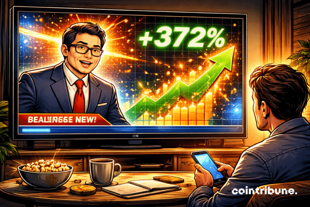 In a “Breaking News” broadcast, Tom Lee speaks and a banner graphic explodes, symbolizing his demand for BitMine shares.