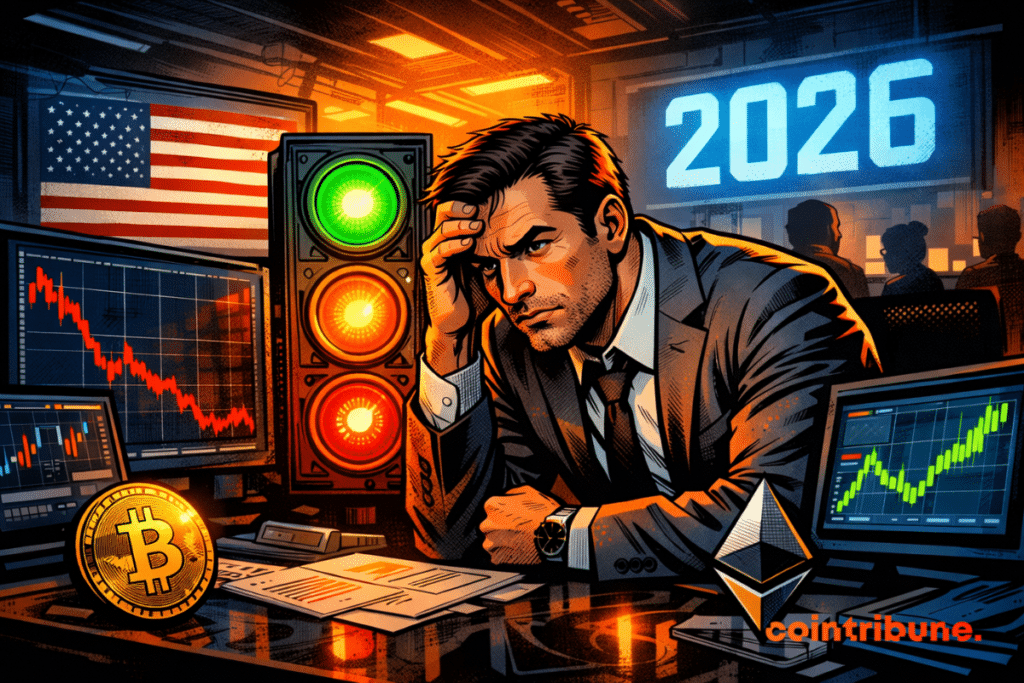 A worried analyst observes light signals, surrounded by crypto screens, under dramatic light, tense atmosphere, year 2026.