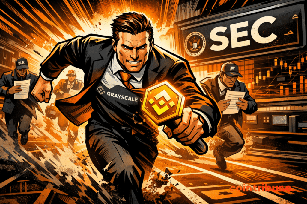 A man in a suit runs determinedly, holding a glowing BNB logo, in front of a screen marked SEC.
