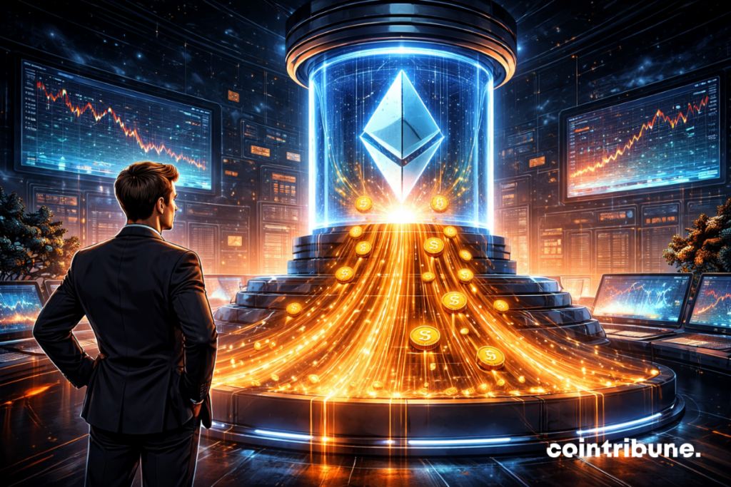 Orange streams emerge from a translucent digital capsule containing an Ethereum logo like revenue lines under the gaze of a crypto engineer, symbolizing the payment of yield from staking.