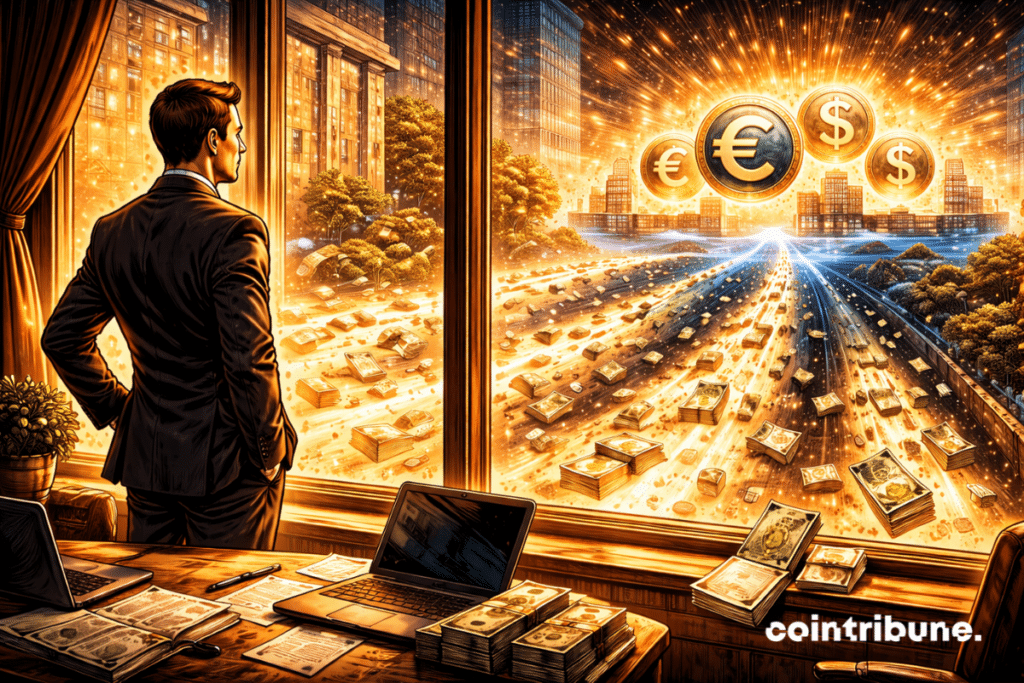 Flows of cash flow from a large traditional bank to shiny stablecoin symbols on the other side of the frame. Stacks of empty bills remain behind. Customers are leaving the bank.