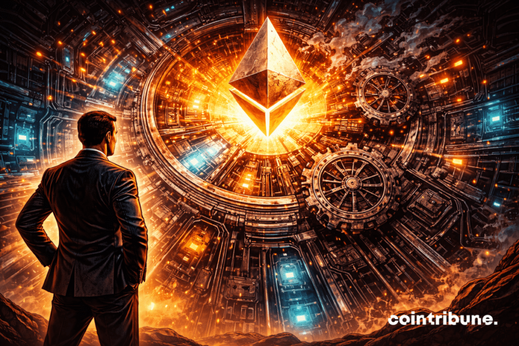 A complex Ethereum mechanism is being updated. Some parts glow (improved), others appear stuck or misaligned, symbolizing JPMorgan analysts' doubts about the effectiveness of the Fusaka update.