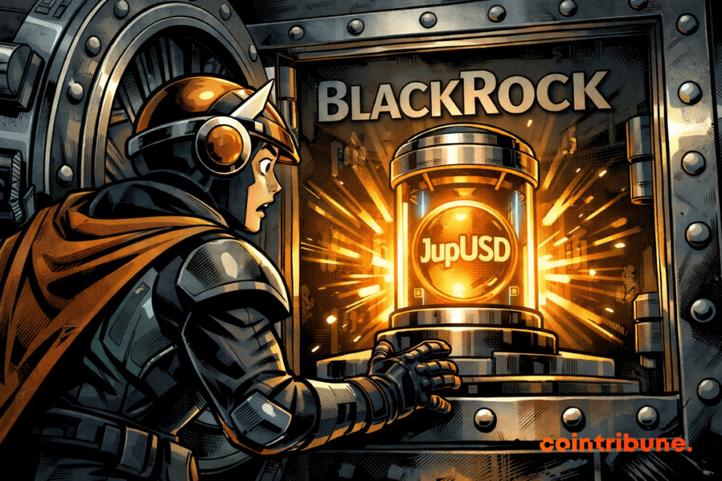 A crypto hero opens a vault revealing a glowing JupUSD light capsule in the heart of the BlackRock world.