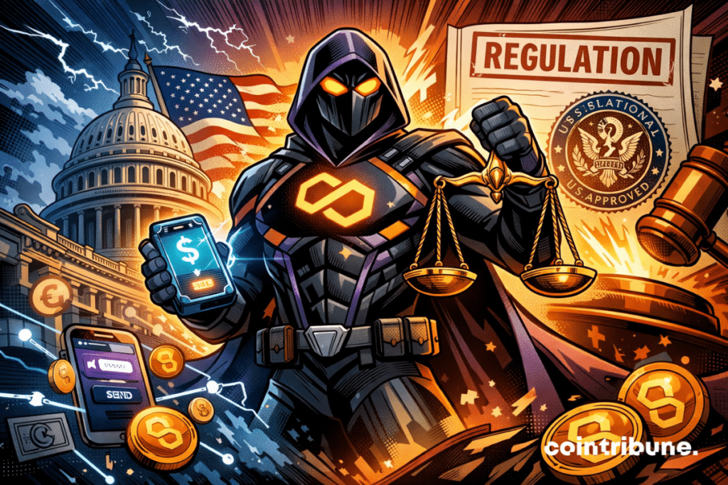 70s comic book style illustration showing a superhero in Polygon colors, holding scales of justice and a glowing digital wallet. In the background, the US Capitol, the flag of the United States, a seal