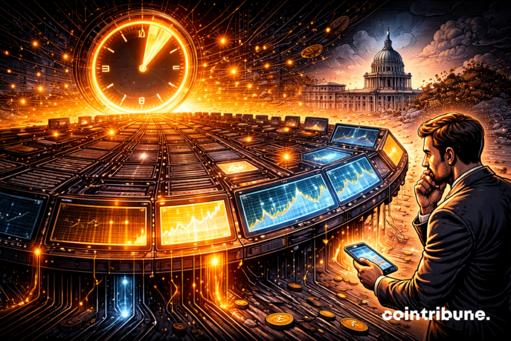 An abstract prediction chart with a heavily filled visual gauge indicates a high probability, which symbolizes Polymarket's prediction of another US shutdown.