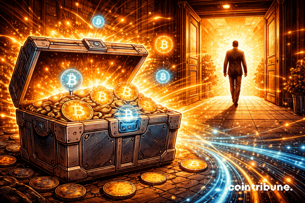 An institutional silhouette recedes in the background, while in the foreground a crypto vault opens again, bathed in light, symbolizing the SEC's abandonment of the Gemini Earn affair.