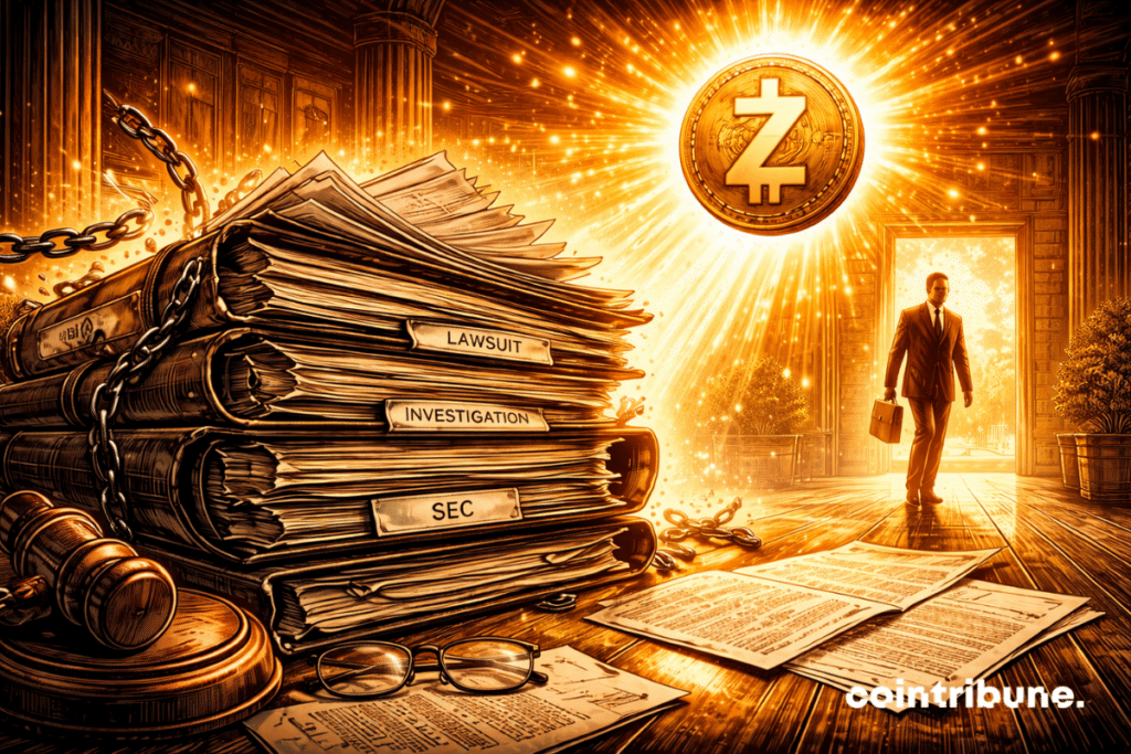 A stack of legal files closes automatically, while a Zcash symbol rises gently into the light. An SEC regulator leaves the scene.
