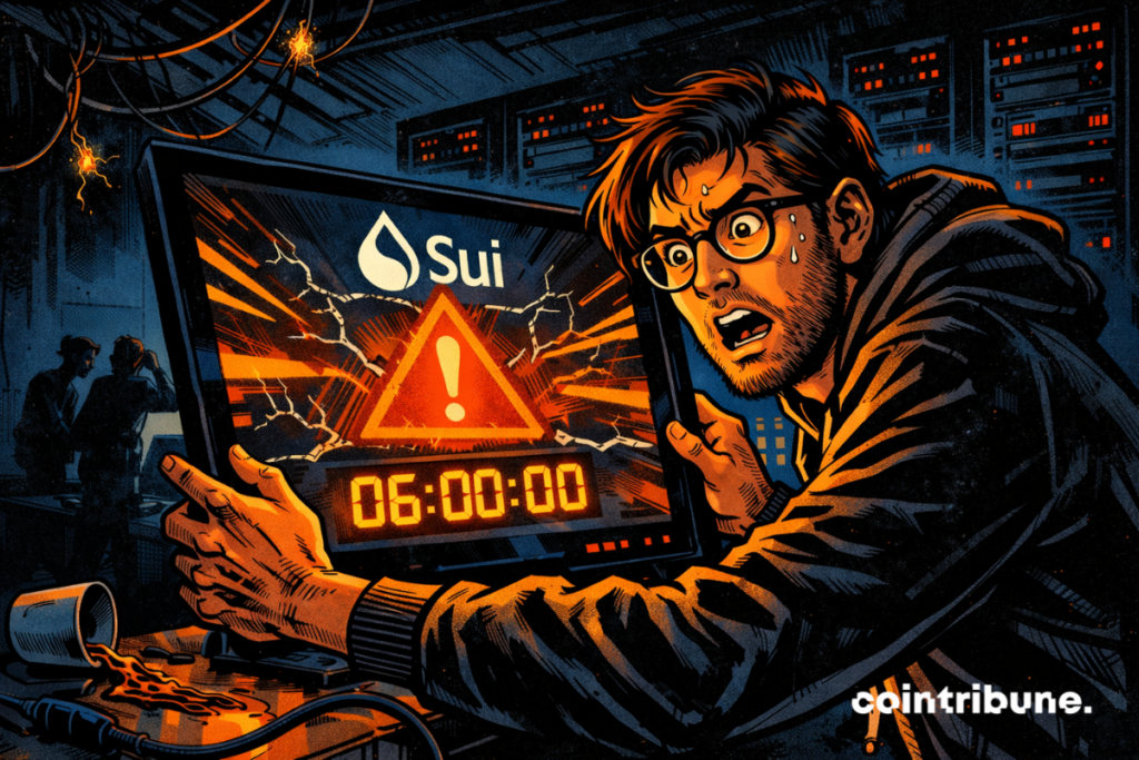 A panicked Crypto Developer in front of a Sui screen displaying an alert and a blocked countdown.