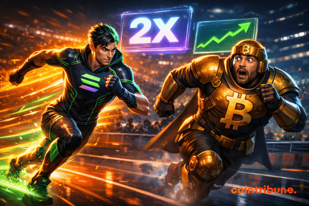 Solana Overtakes Bitcoin in Futuristic Race, Symbolizing Meteorological Rise With Indicator "2X" prominently.