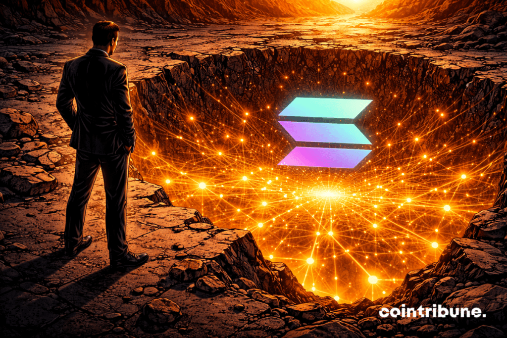 The Solana crypto sits on cracked ground, appearing to sink slightly. Beneath the surface, on-chain light flows support the structure.