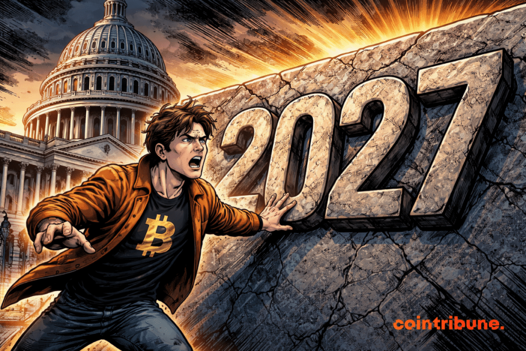 A man dressed in orange, in a comic book style, representing crypto tensions, in front of a huge stone wall engraved with 