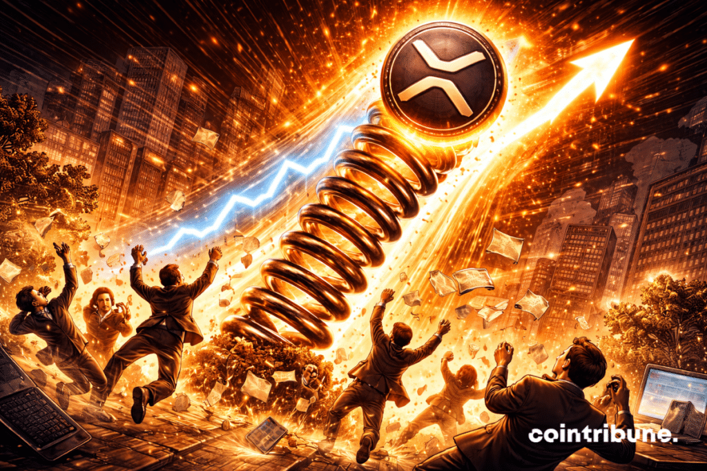 A huge compressed spring under the XRP logo suddenly releases, throwing the crypto upwards. Below, traders are being sucked upwards.