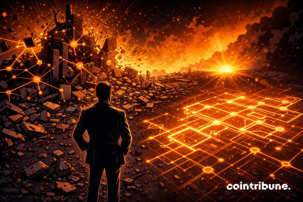 A giant DAO structure is cracked and unstable. On the ground, broken blocks symbolize failure. Next to it, a new foundation plan begins to be drawn in light under the gaze of Vitalik Buterin.