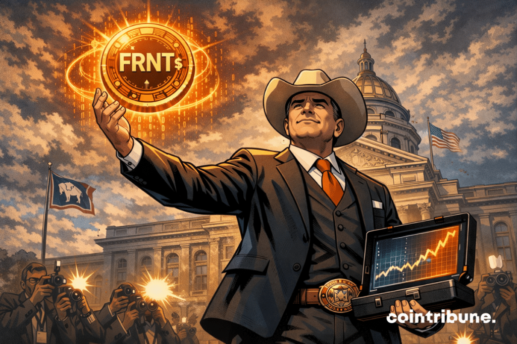 Illustration of the Governor of Wyoming raising a digital token 