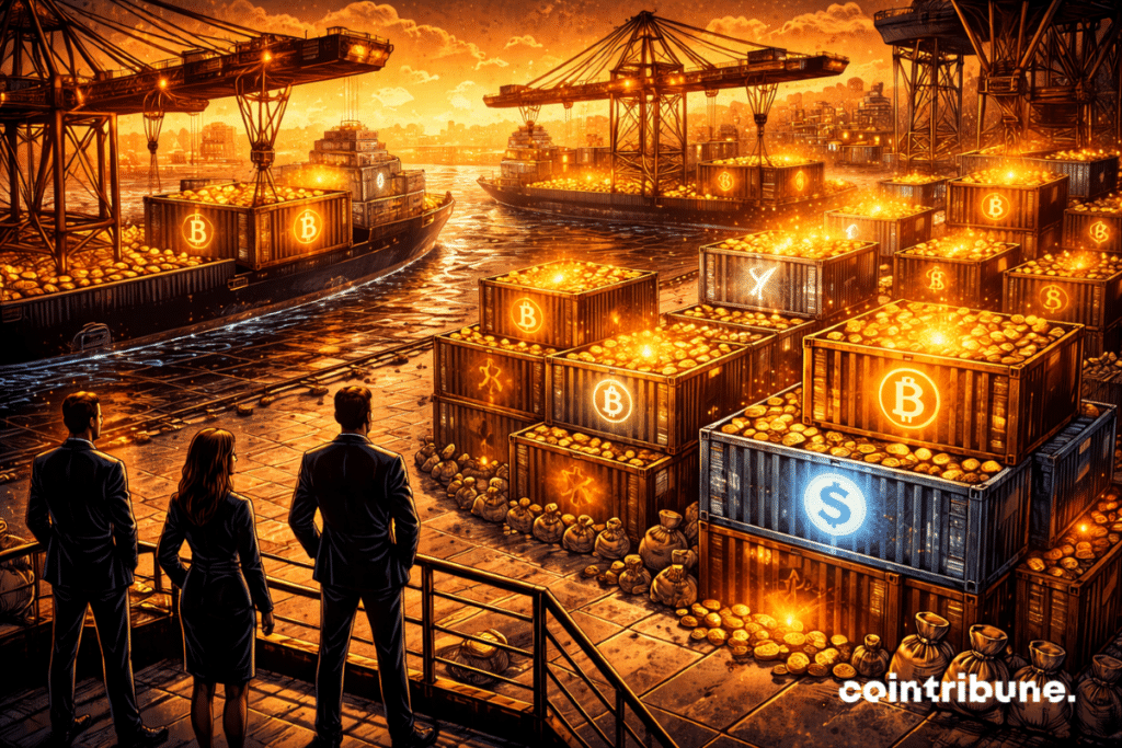 At a financial port, large crypto investment containers arrive continuously to an already full dock, illustrating the rapid arrival of capital into the funds.