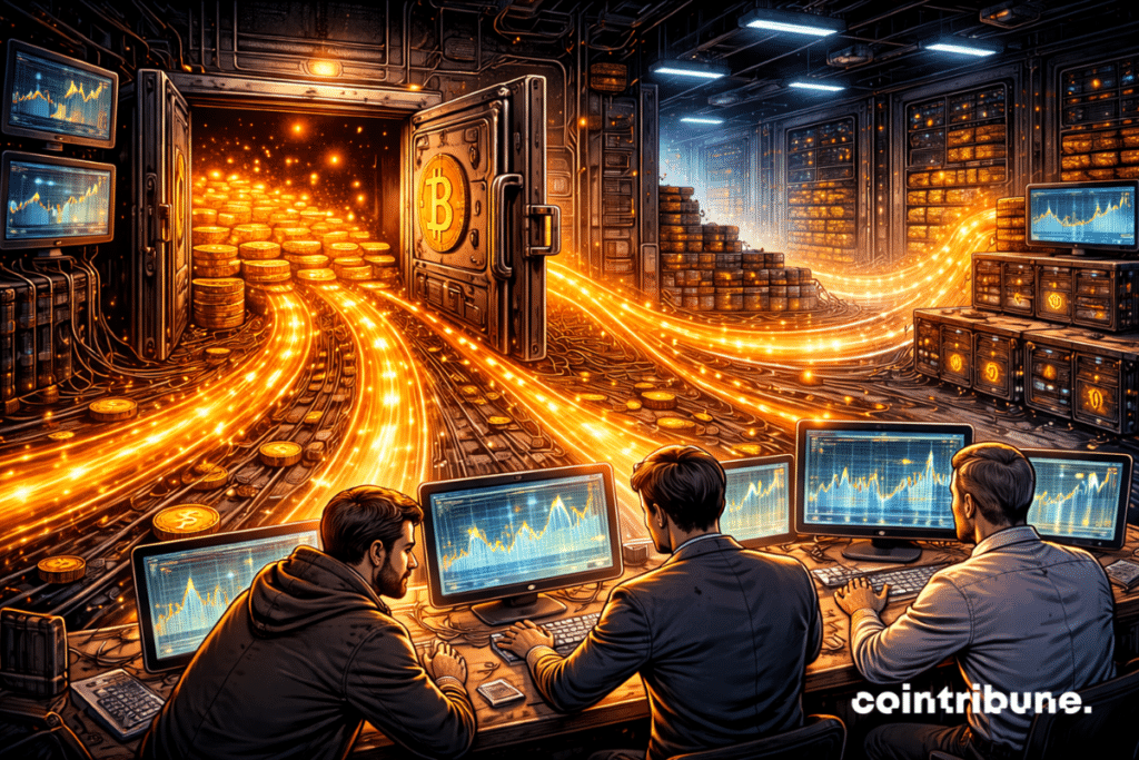 In an institutional treasury room, stacks of Bitcoins are still intact, but light rails glow toward the exit, suggesting an imminent transfer. GameStop analysts observe abstract flows.