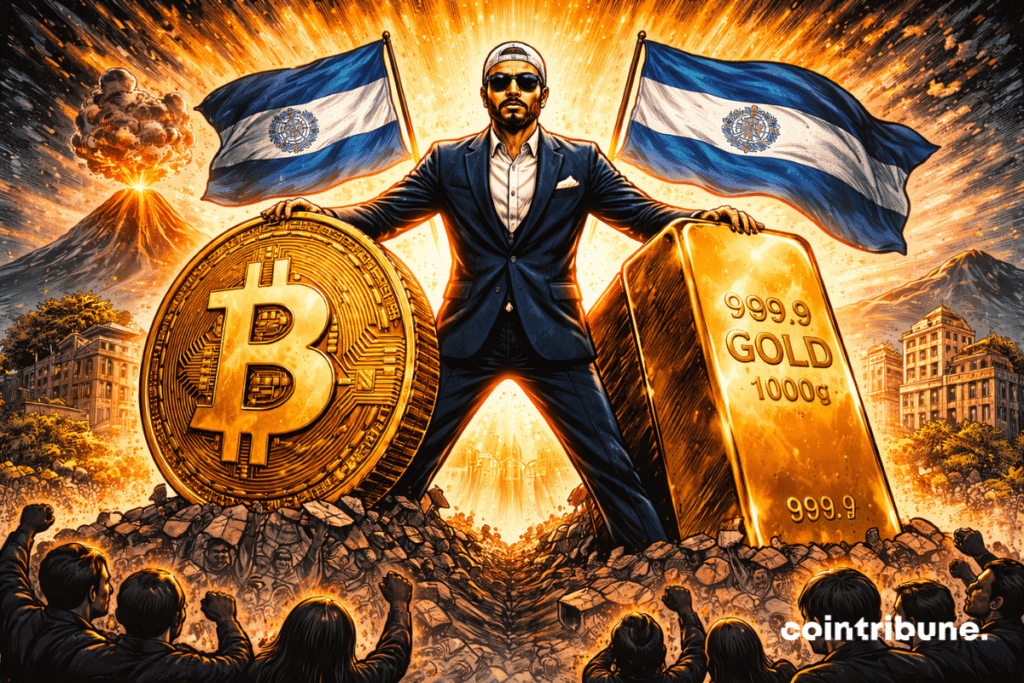 Two giant statues, gold and bitcoin, rise in front of San Salvador, carried by Bukele under a luminous volcanic sky.