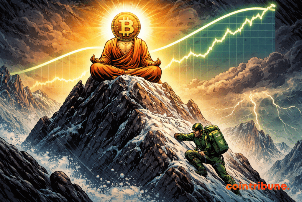 Bitcoin as a serene monk meditates on the top of a mountain, while Nvidia falls in panic under a stormy sky.