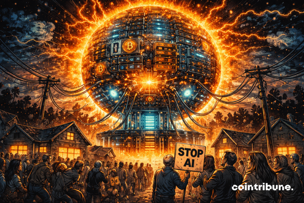 A giant energy globe absorbs electricity from a village plunged into darkness, while residents protest against artificial intelligence.