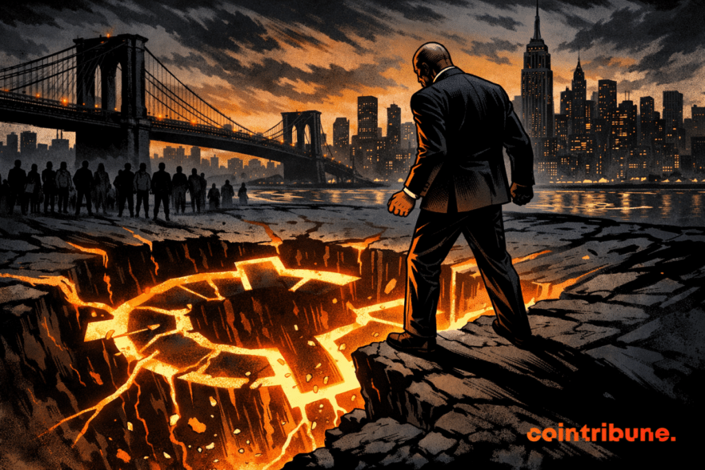 NYC Token is symbolized by a luminous abyss in the shape of a cryptocurrency, on the edge of which a suited politician hesitates, while orange cracks spread under the dark New York sky.