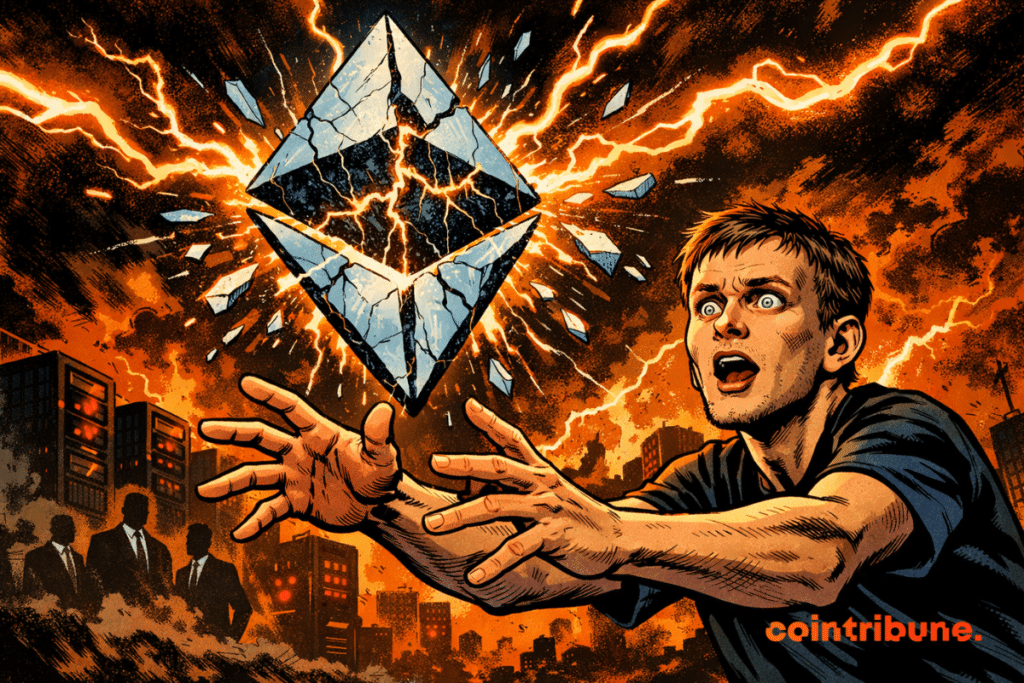 Buterin extends his arms toward a cracked Ethereum logo, surrounded by lightning, in a chaotic, apocalyptic scene.