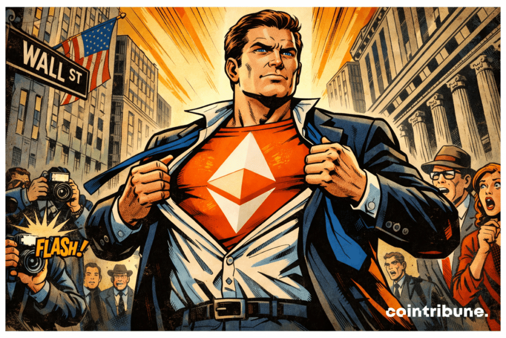 A businessman rips off his shirt to reveal an Ethereum t-shirt, as Wall Street looks on in shock.