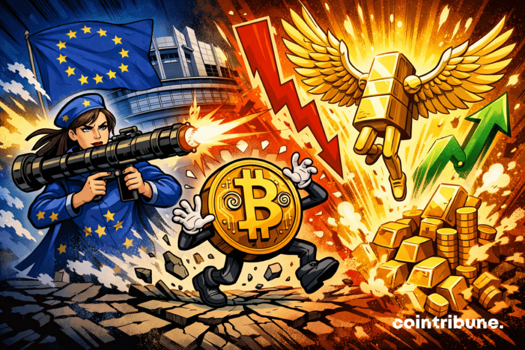 a woman representing the European Union fires a bazooka, aiming at a panicked figure symbolizing bitcoin, while a winged gold bar rises in an explosion of light, surrounded by gold coins and bars.