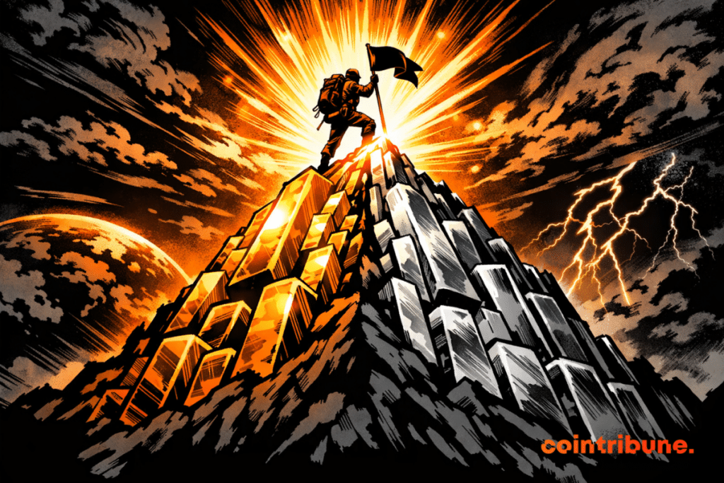 A cartoon-style mountain climber stands on a mountain made of gold and silver bars, illuminated by an explosive orange glow under a stormy sky.
