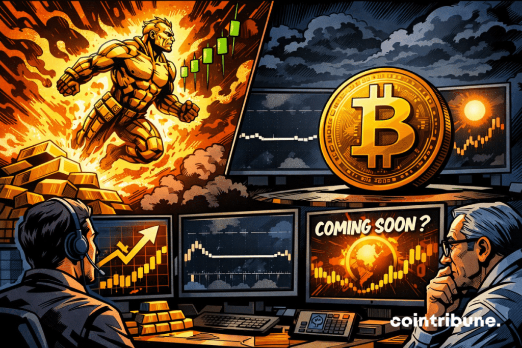 Comic book style illustration showing a golden superhero emerging from a pile of burning gold bars, representing the spectacular rise of gold. On the right, a large Bitcoin coin floats above screens displaying a flat graph.