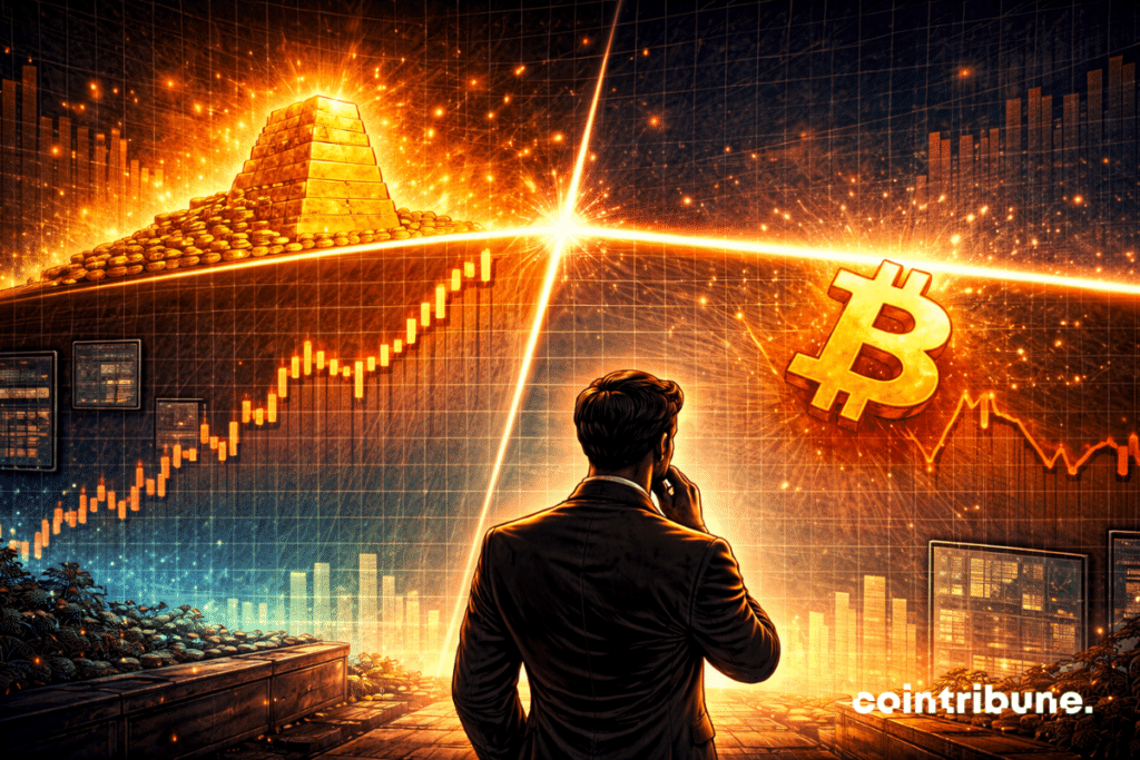 An abstract top line is crossed by gold, while Bitcoin stops just below a bright resistance line.