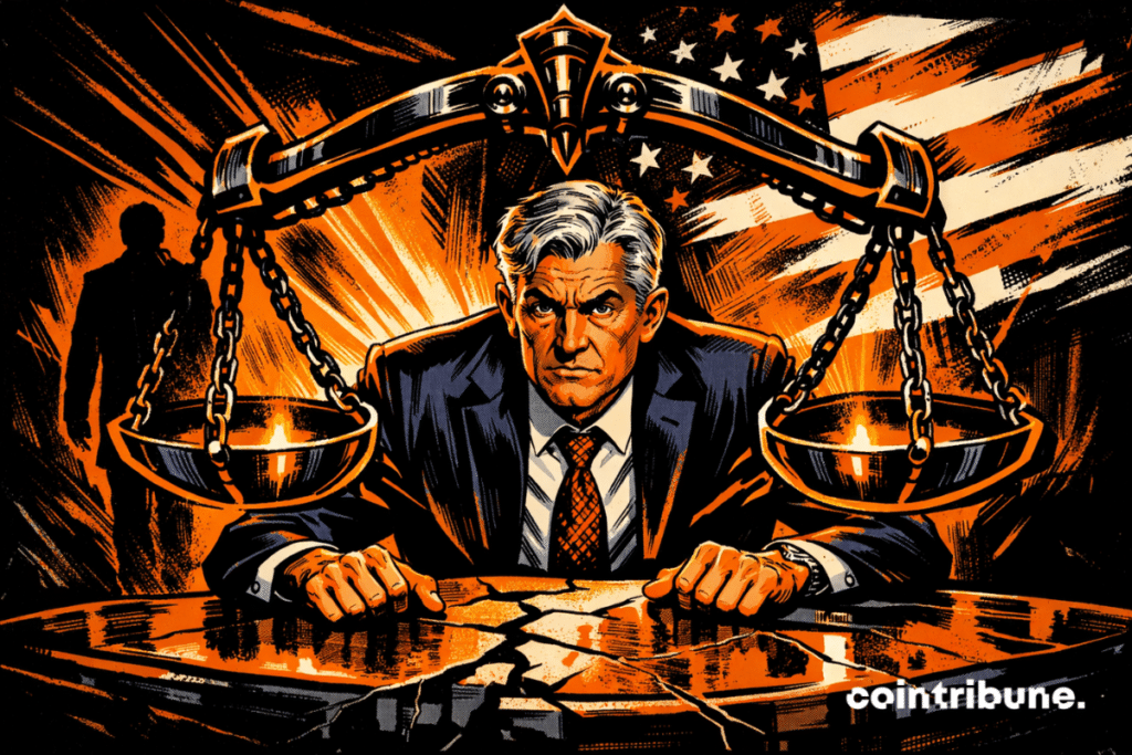 Jerome Powell clutches a cracked desk as a bright orange scales of justice close around him, with a shadowy receding figure and a fragmented American flag, in a dramatic style inspired by 1970s comic books.