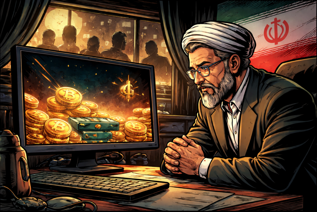 An Iranian official, absorbed in his computer screen, watches the explosion of crypto activity in the country, reaching $7.8 billion in 2025.