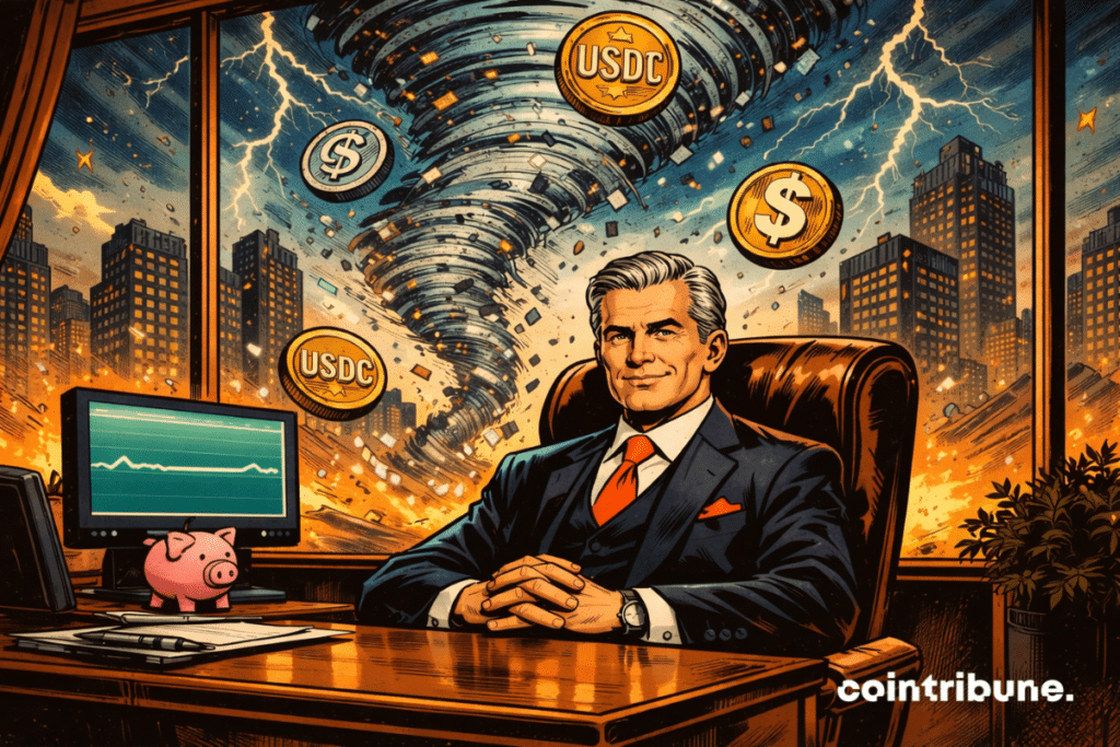 a banker calms in his office while a digital tornado carries away stablecoins