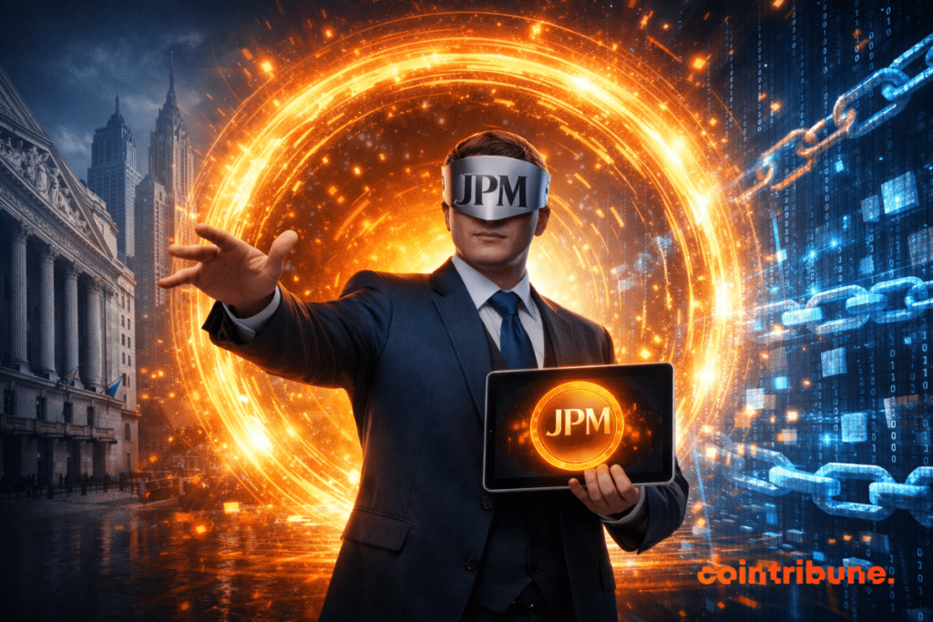 A masked banker reaches out toward a glowing portal, between Wall Street and a blockchain universe vibrating with data.