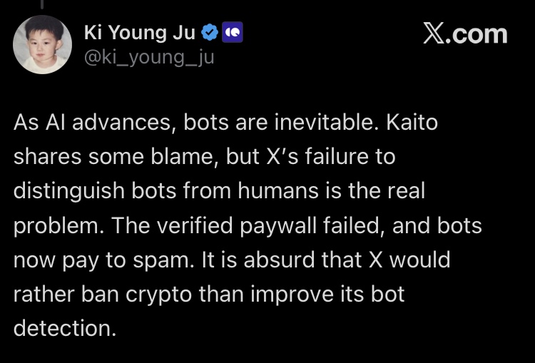 Ki Young Ju sharply criticizes X's inability to distinguish bots from humans, as well as its paid verification system, which he says allows bots to 