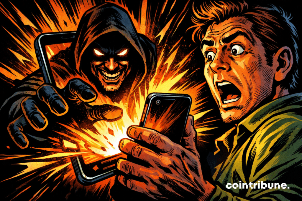 A frightened man stares at his smartphone as a hooded hacker, wearing a menacing smile, emerges from the bright screen in a dramatic scene inspired by 1970s comic books.
