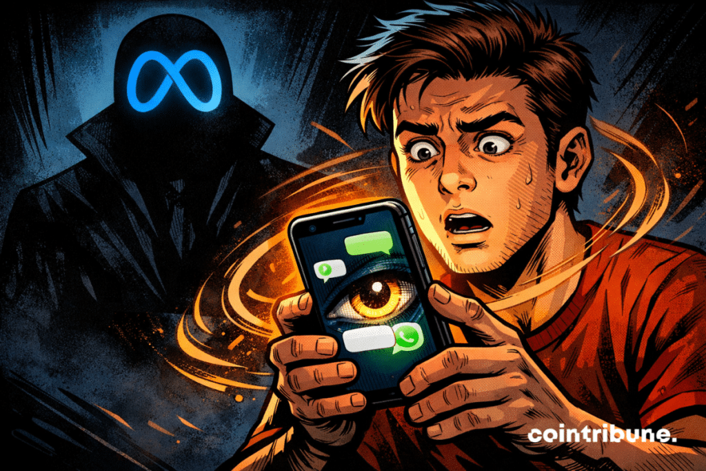 Shocked man looking at smartphone with spy eye on screen, Meta silhouette in background.