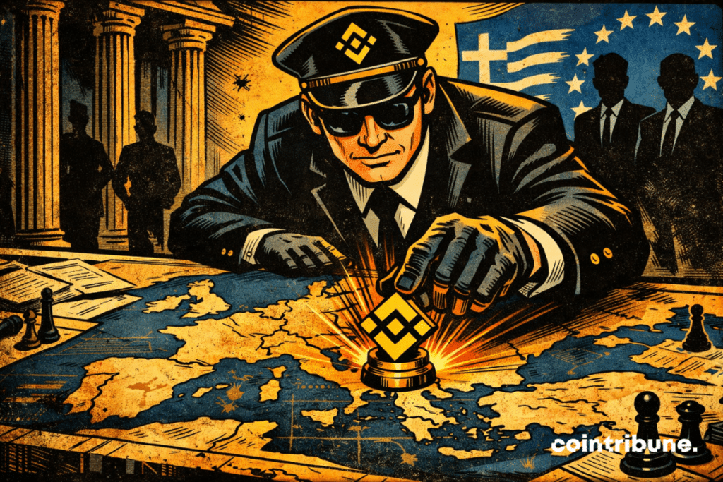 A mysterious strategist places a Binance coin on Greece, under the gaze of European observers, in a tense atmosphere.