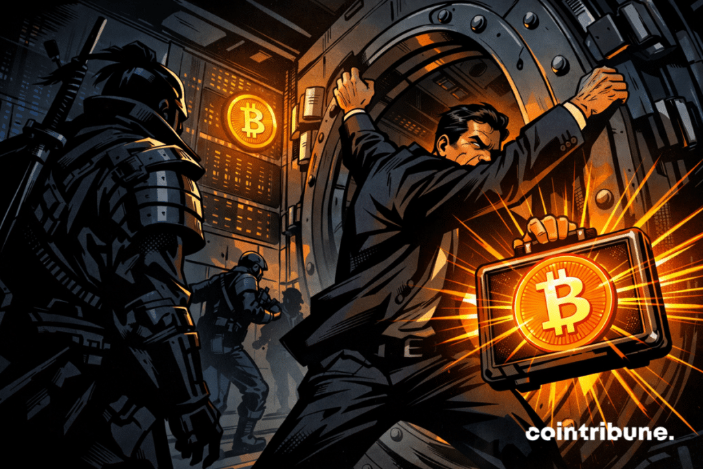 Federal agent slams vault door shut holding glowing Bitcoin case, watched by shadowy samurai.