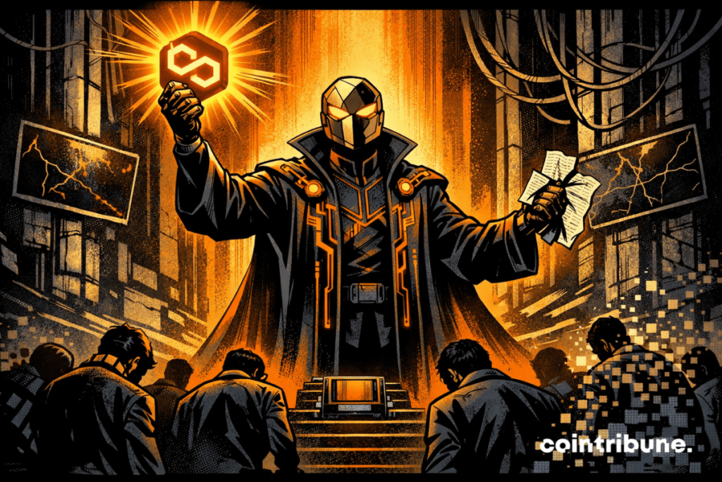 Sacred masked crypto figure, coldly dismissed in a high-tech temple