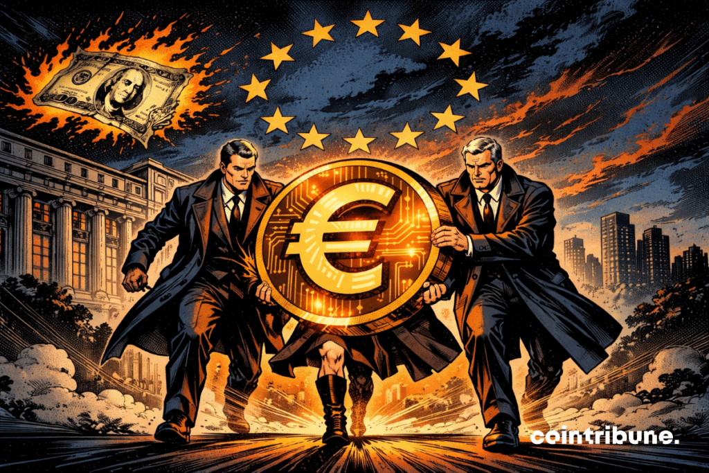 Three European bankers advance, carrying a glowing euro crypto stablecoin challenging the dollar