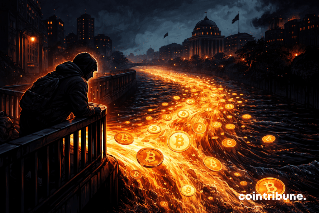 A hooded figure stands on a bridge at night, watching a glowing orange river of cryptocurrency pass through a dark city lined with dark government buildings.
