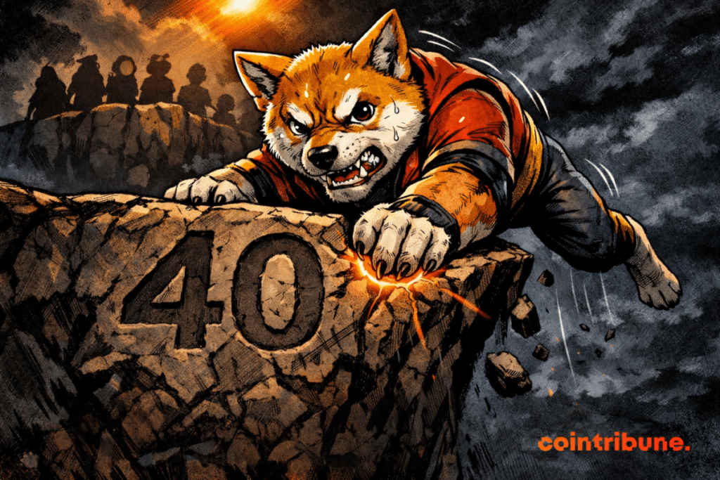 An anthropomorphic Shiba Inu clings desperately to the edge of a cracked cliff etched with the number 40, which glows a vibrant orange under a dark, stormy sky while shadowy figures loom above.