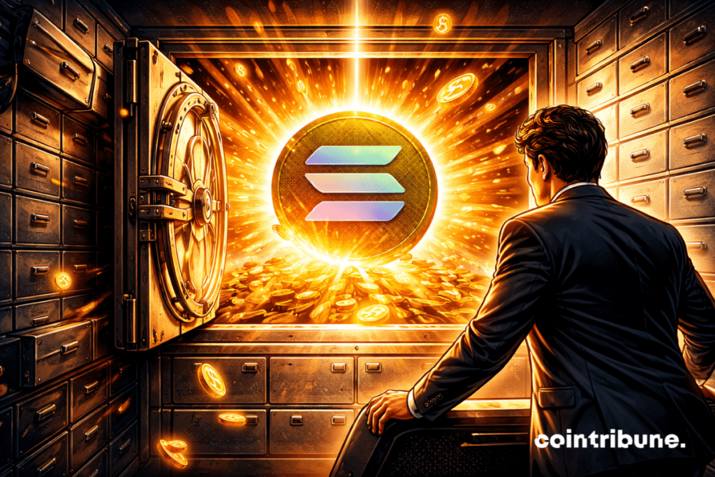 A safe opens and releases intense light revealing the Solana logo in the center. A crypto fund manager watches the opening.