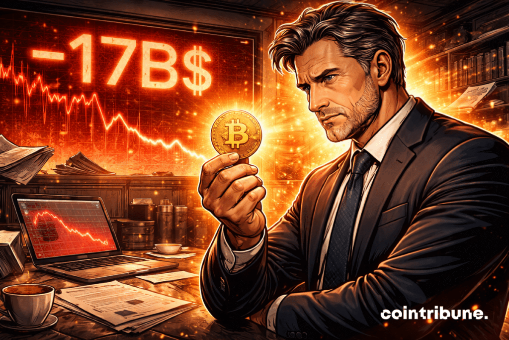The CEO of Strategy has his gaze focused on a Bitcoin coin in his hand.