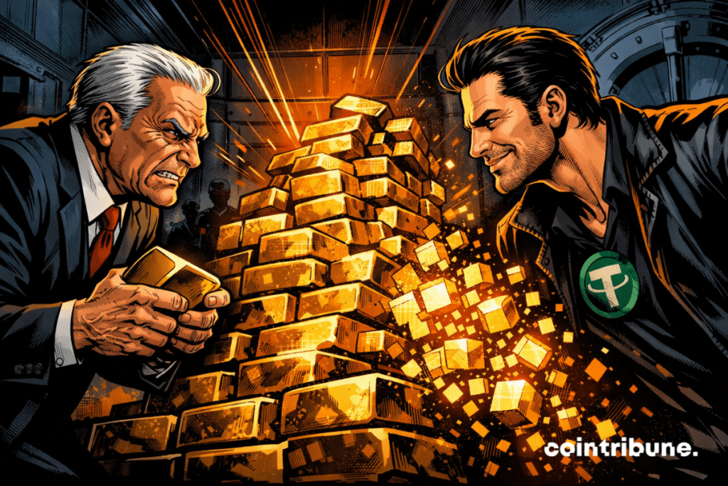 A dramatic, comic-book style scene shows a tense face-off in a dark vault, with a central banker clutching a gold bar in front of a confident crypto character, while stacks of shiny gold shatter into digital fragments.
